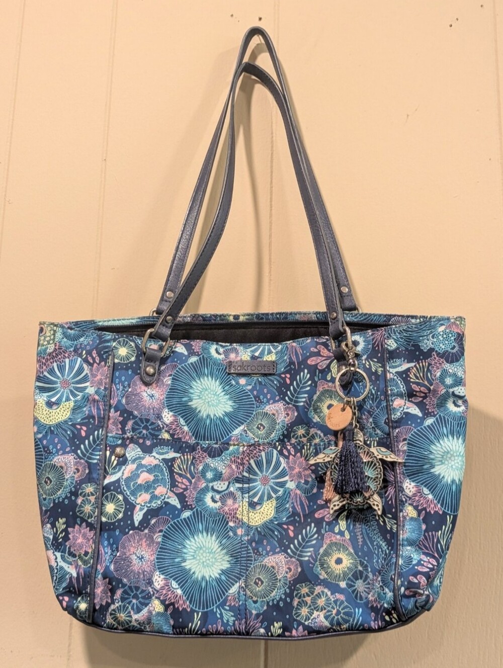 Sakroots Vegan Blue/Green Seascape Coastal Tote with Turtle Tassel Charm